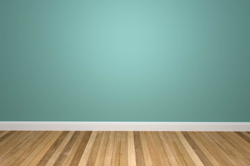 Green mint colors wall & wood floor interior,3D illustration