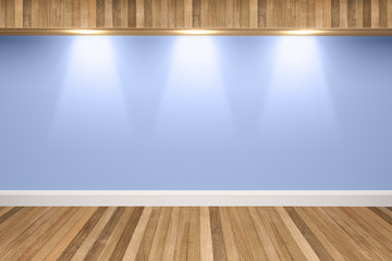 Blue colors wall & wood floor interior with light spots,3D illustration