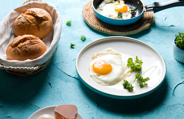 Breakfast with fried eggs.