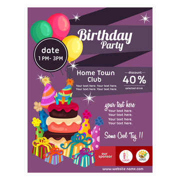 flat style colorful birthday party poster cake tart decoration party hat