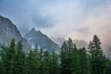 Beautiful views of the Alpine mountains from the city of Curmayor, located in Italy