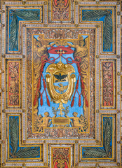 Fototapeta na wymiar Coat of arms of Cardinal Scipione Borghese in the ceiling of the Basilica of San Sebastiano Fuori Le Mura, in Rome, Italy.