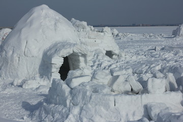 Winter dwelling of Eskimos. Igloo. Eskimos village. 