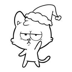 bored line drawing of a cat wearing santa hat