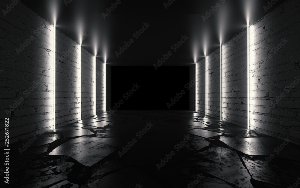Poster background of an empty room with brick walls and neon lights, laser lines and multi-colored smoke