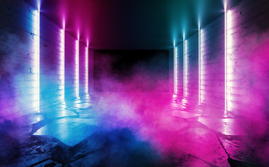 Background of an empty room with brick walls and neon lights, laser lines and multi-colored smoke