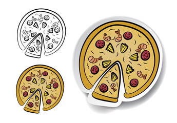 cute doodle of pizza element with sticker paper style isolated on white background