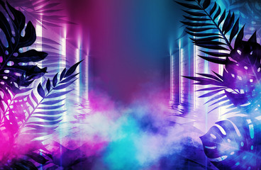 Background of an empty room with brick walls and neon lights. Silhouettes of tropical leaves, colorful smoke - 252672463