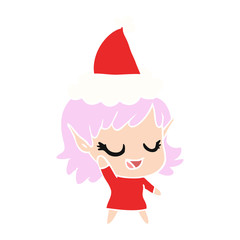 happy flat color illustration of a elf girl wearing santa hat