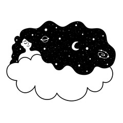 Vector illustration with relaxed young woman with stars and planets in long hair and white cloud.
