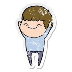 distressed sticker of a cartoon smiling boy