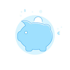 Piggy Bank Flat Vector Illustration, Icon. Light Blue Monochrome Design. Editable Stroke
