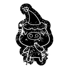 cartoon distressed icon of a content pig wearing santa hat