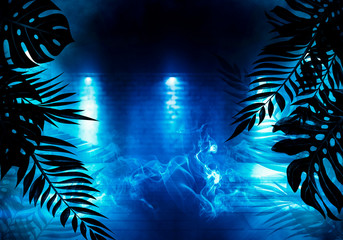 Background of an empty room with brick walls and neon lights. Silhouettes of tropical leaves,...