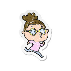 distressed sticker of a cartoon woman wearing glasses
