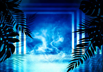 Background of an empty room with brick walls and neon lights. Silhouettes of tropical leaves, colorful smoke