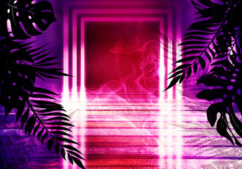 Background of an empty room with brick walls and neon lights. Silhouettes of tropical leaves, colorful smoke