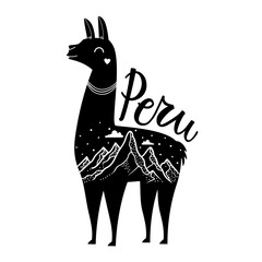 Vector illustration with smiley face llama, mountain landscape with clouds and snow and lettering word Peru. - obrazy, fototapety, plakaty