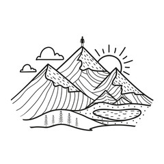Vector doodle style illustration with man on the top of the mountains. Snow, sun, clouds, lake and pine trees