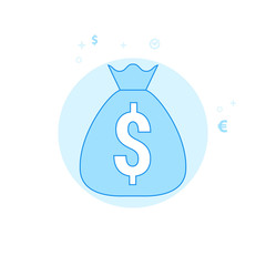 Bag with Money Flat Vector Illustration, Icon. Light Blue Monochrome Design. Editable Stroke
