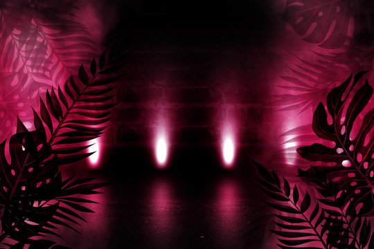 Background of an empty room with brick walls and neon lights. Silhouettes of tropical leaves, colorful smoke © Laura Сrazy