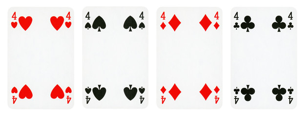 Four Playing Cards Isolated on White Background, Showing Four from Each Suit - Hearts, Clubs,...