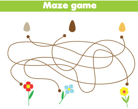Maze game for children. Connect seeds with flowers. Fun activity for pre school kids and toddlers