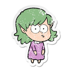 distressed sticker of a cartoon elf girl staring