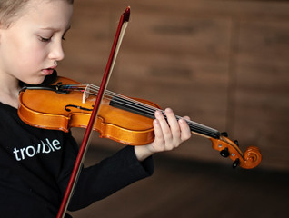 Handle hold violin. Little boy carrying violin. Young boy playing violin, talented violin player.