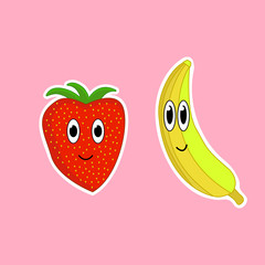 Cartoon banana and strawberry on a pink background. Stickers with emotions. Vector illustration
