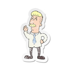 retro distressed sticker of a cartoon office man waving