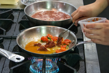 Chef preparing food, meal, in the kitchen, chef cooking, Chef decorating dish