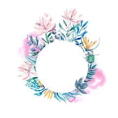 Fototapeta premium Watercolor exotic circle frame with tropical leaves, flowers and toucan for wedding, invite, birthday card. Isolated illustrarion summer colors on white background