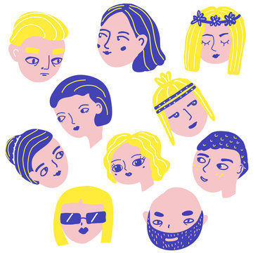 Doodle people faces. Man and woman avatars. Funny male and female heads in quirky style. Lifestyle stickers, icons