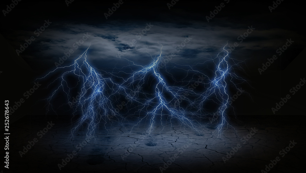 Poster abstract dark lightening bolt with ceiling clouds and cracked dry ground in a dark background