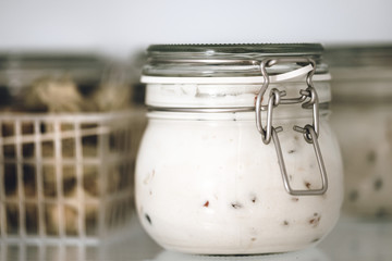 Homemade yogurt, organic yoghurt, bio yogurt with fruits, berries, goki and musli ready to eat in the morning for breakfast in the refrigerator