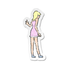 retro distressed sticker of a cartoon woman waving