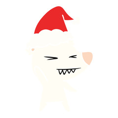 angry polar bear flat color illustration of a wearing santa hat