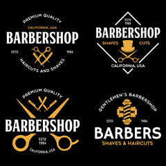 Set of vintage barbershop labels. Templates for the design of logos and emblems. Collection of barbershop - symbols razor, pole, scissors.