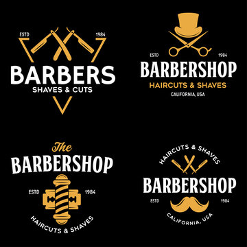 Set of vintage barbershop labels. Templates for the design of logos and emblems. Collection of barbershop - symbols razor, pole, scissors.