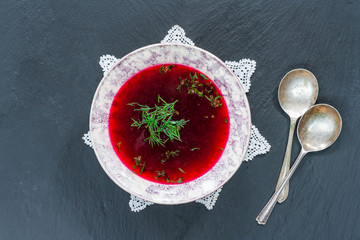 Red borscht - clear beetroot soup common in Eastern Europe and Russia