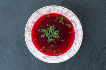 Red borscht - clear beetroot soup common in Eastern Europe and Russia