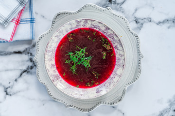Red borscht - clear beetroot soup common in Eastern Europe and Russia