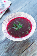 Red borscht - clear beetroot soup common in Eastern Europe and Russia
