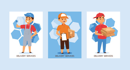 Courier vector postman man character of delivery service delivering parcel box package pizza illustration backdrop set of deliveryman person transporting bottle background