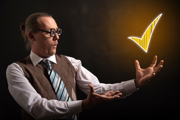 Funny nerd or geek showing check icon