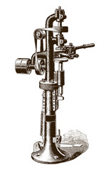 Historical double seaming machine for tinwares in frontal view, after engraving from 19th century