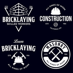 Set of vintage construction and bricklaying labels. Posters, stamps, banners and design elements. Vector illustration