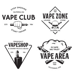 Vape shop labels emblems badges set. Vaping related typography collection. Trendy design elements for t-shirt prints and advertising.