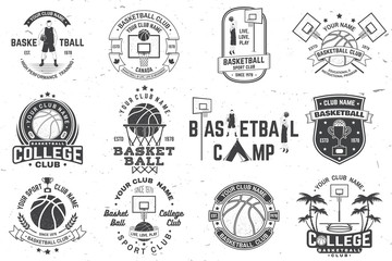 Set of basketball club badge. Vector. Concept for shirt, print, stamp or tee. Vintage typography design with basketball player, hoop and ball silhouette. © sivvector